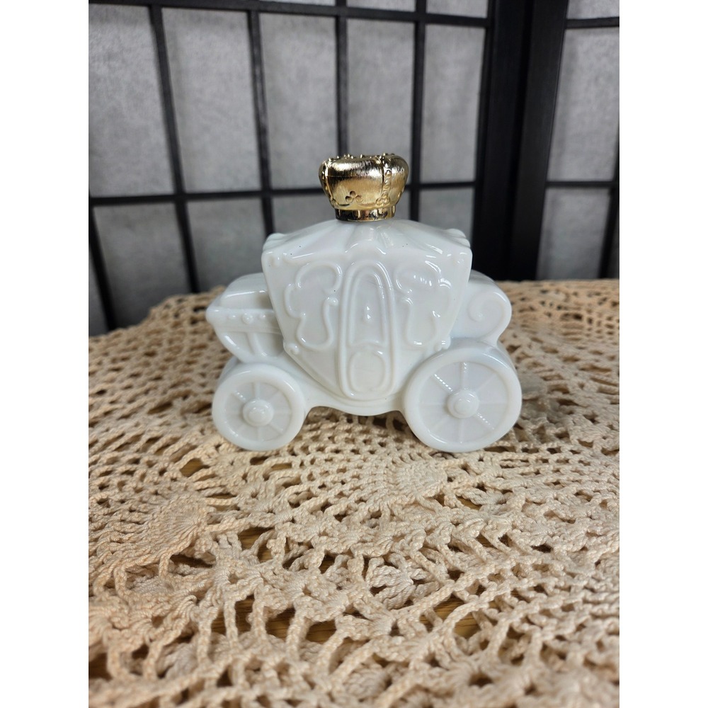 Vintage Avon Milk Glass Cinderella Royal Carriage Bath Oil Bottle Gold Crown Lid